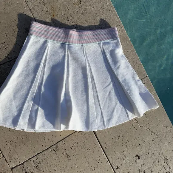 Loveshackfancy White Pleated Golf or Tennis Skirt Roz Pink Blue Stripes